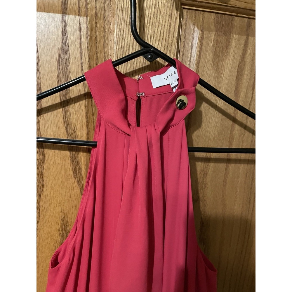 Reiss Red Pleated Halter Midi Dress Berry Pink Gold Button Detail Size 4 - Picture 10 of 14